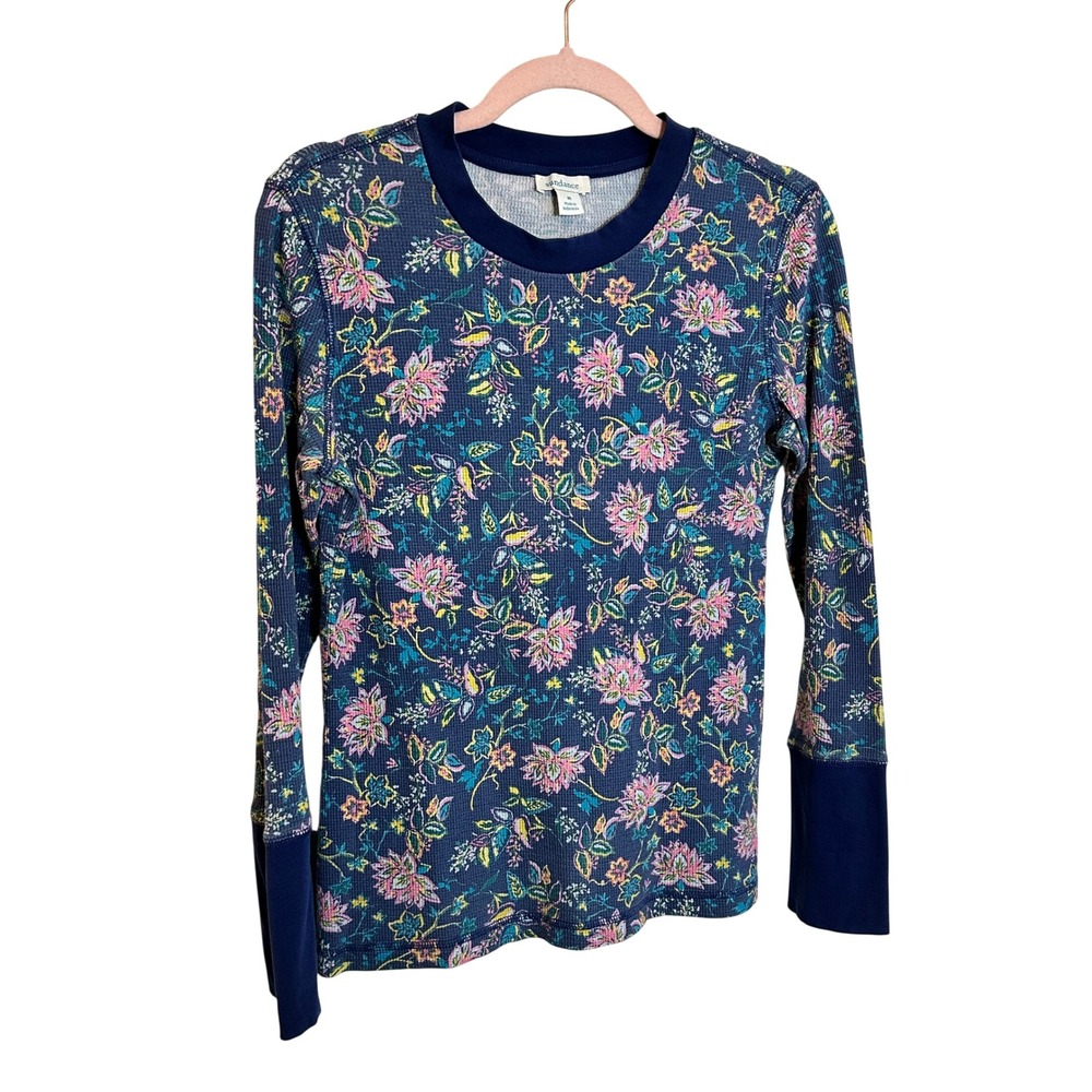 Sundance Thermal Knit Top Size M Blue Pink Floral Waffle Velvet Button Cuffs